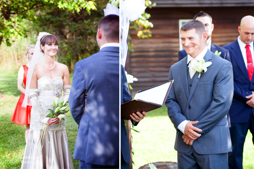 The bride and groom stare into each others eyes during the wedding ceremony. 