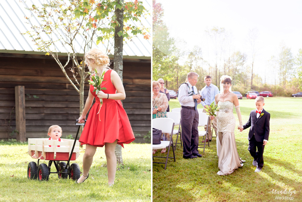 The wedding party walks down the isle. 