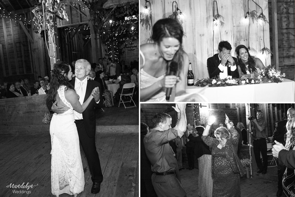 Father and daughter dance. Bridesmaid giving a toast and the bride and grooms reaction. Mother of the groom dancing. 