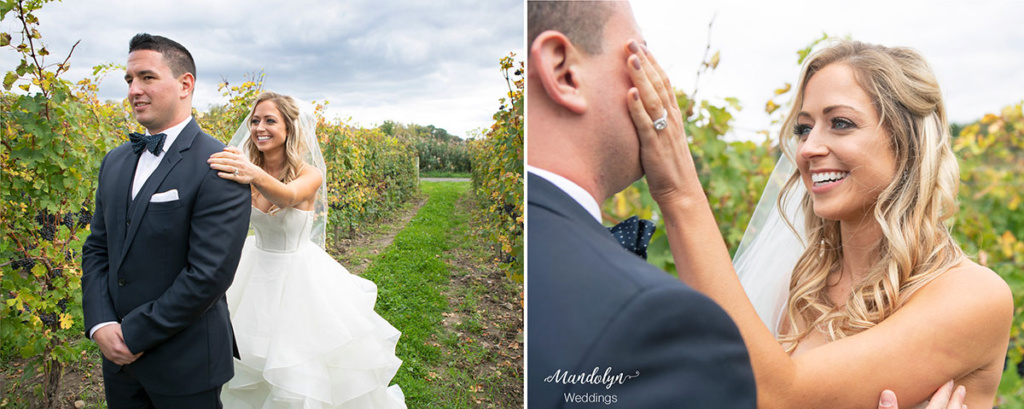 First look with the bride and groom in the vineyard. 